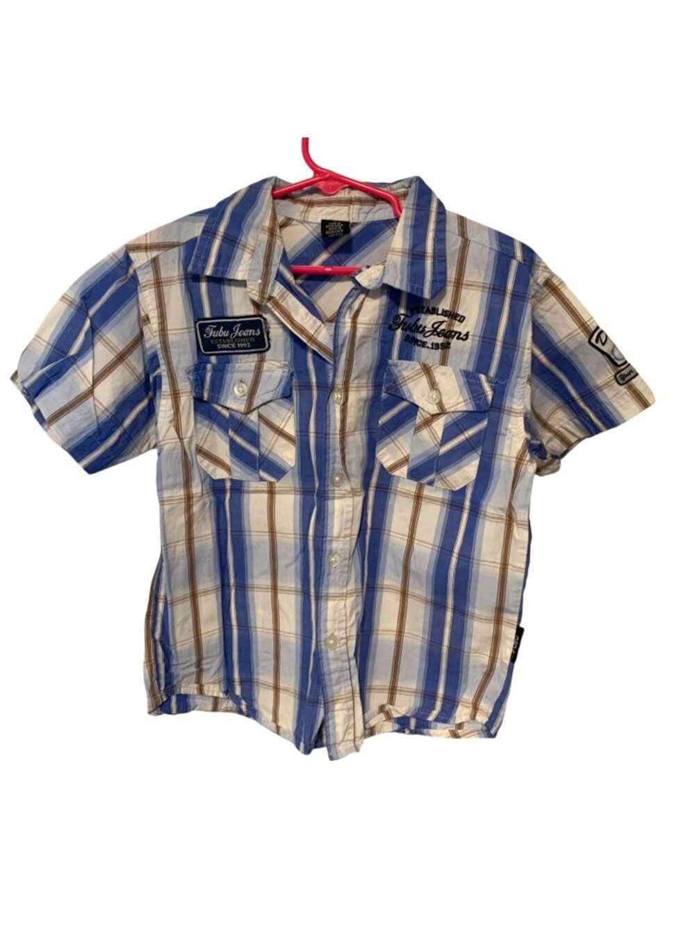 Fubu Boys Size 5 Short sleeve Button Up Plaid Shirt Blue White Brown Logo Spello